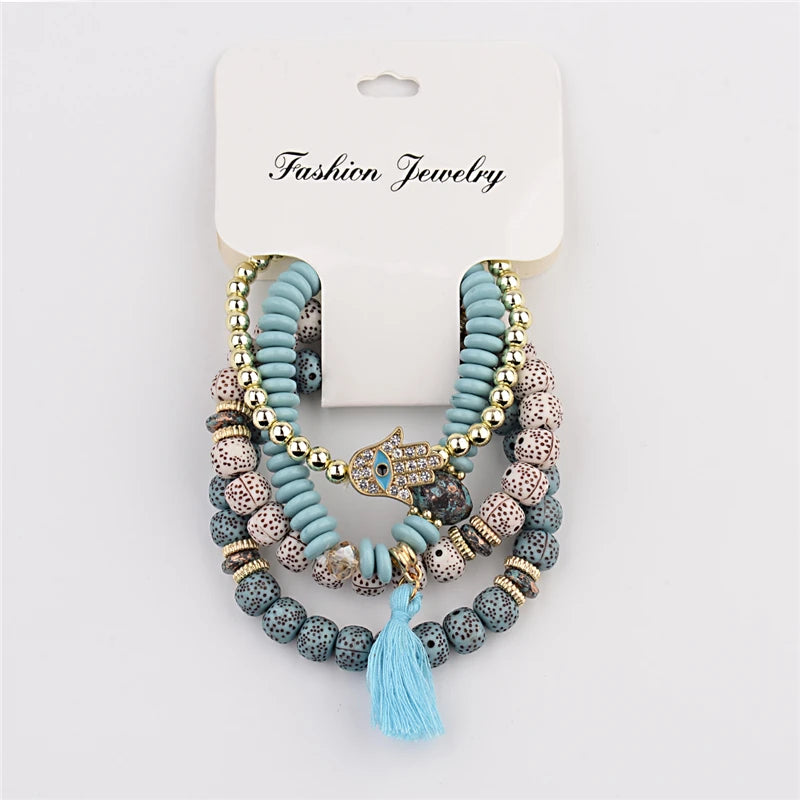 Bohemian Charm Blue Tassel Bracelets Bangles 4pcs/set for Women Fashion Eye Elastic Bracelets Sets Jewelry