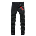 RNSHANGER New Black Ripped Jeans with Embroidery Men with Flowers Rose Embroidered Men's Denim Jeans Stretch Skinny Jeans Pants