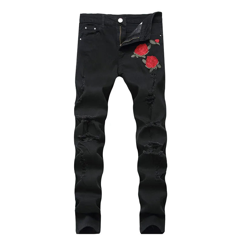 RNSHANGER New Black Ripped Jeans with Embroidery Men with Flowers Rose Embroidered Men's Denim Jeans Stretch Skinny Jeans Pants