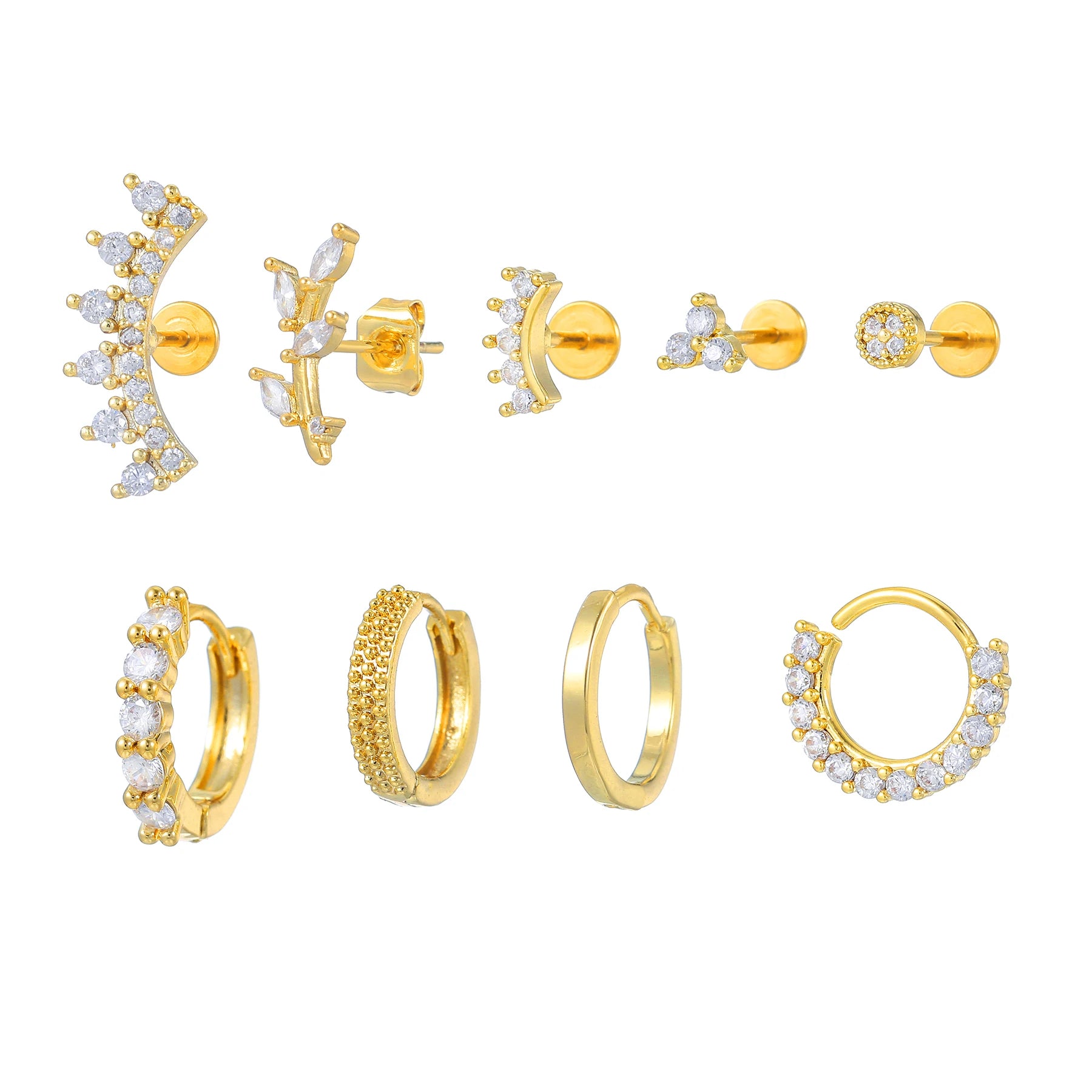 9Pcs Chic Huggie Earrings with 5A Zircon S925 Silver and 18K Gold Professional Office Style Jewelry Set