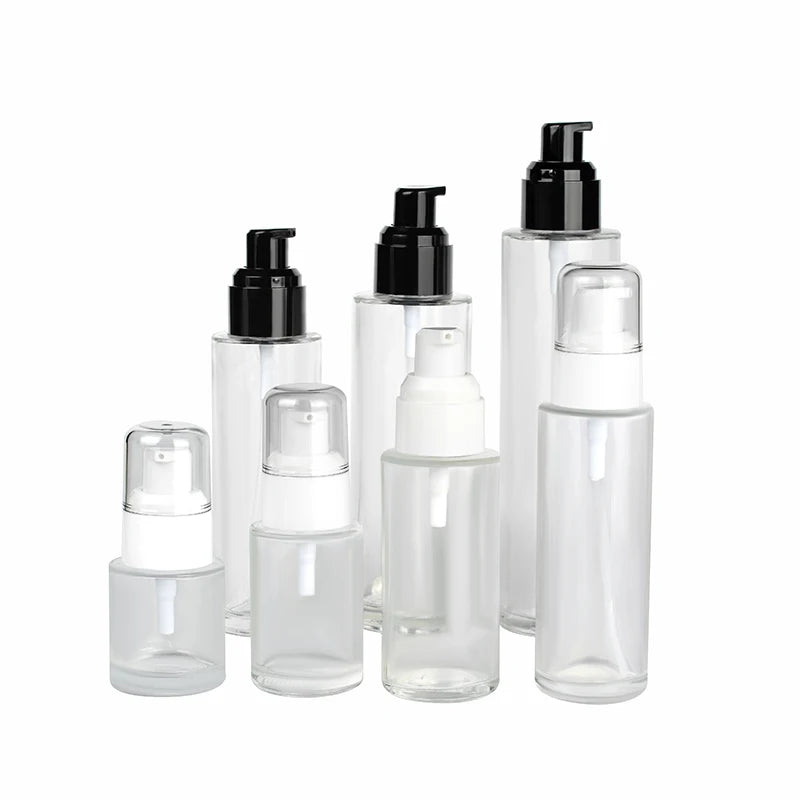 Skin Care Toner 30ml 50ml 60ml 100ml 120ml Frosted clear Glass Bottle with Plastic Lotion Pump
