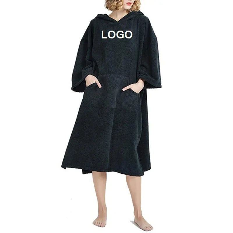 Wholesale Custom Coral Fleece Quick Drying Beach Surf Swim Changing Bathrobe Wearable Hooded Towel