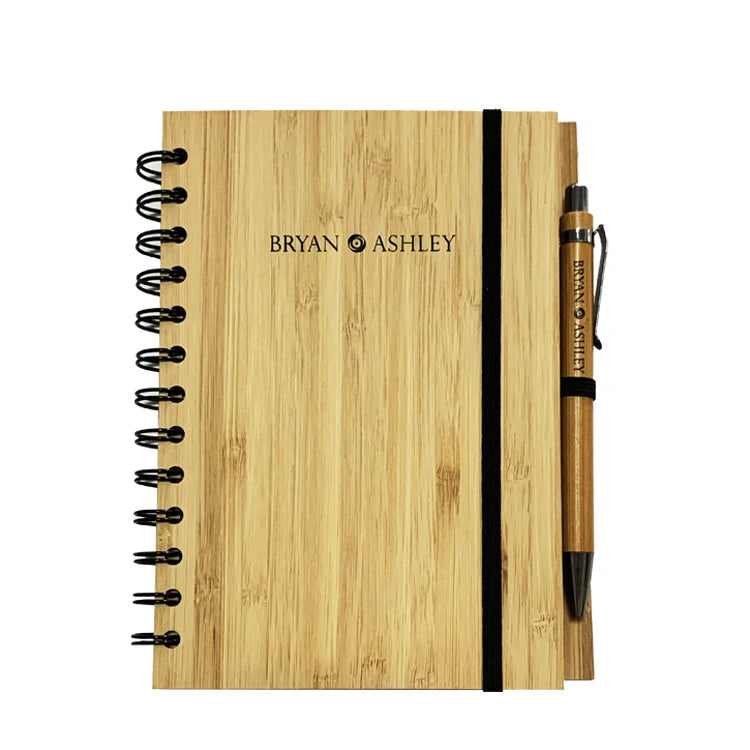 Custom Logo Eco-Friendly Bamboo Cover A5 Spiral Notebook 60 Sheet Kraft Paper Inner Pages with Pen a Convenient Stylish Diary