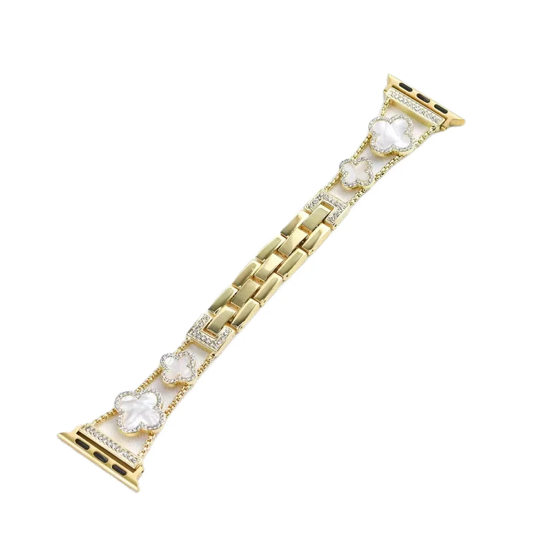 Breathable Alloy Luxury Conch Four Leaf Clover with Diamond Metal Strap for Watch Women 38/40/41MM & 42/44/45/49MM