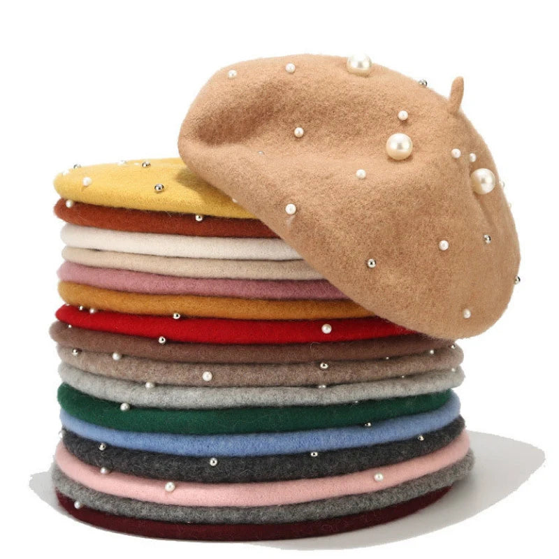 Wholesale Fashion Beret Hats Wool Women Winter Berets Luxury Pearl Artist Wool  Beaded Beret Hats