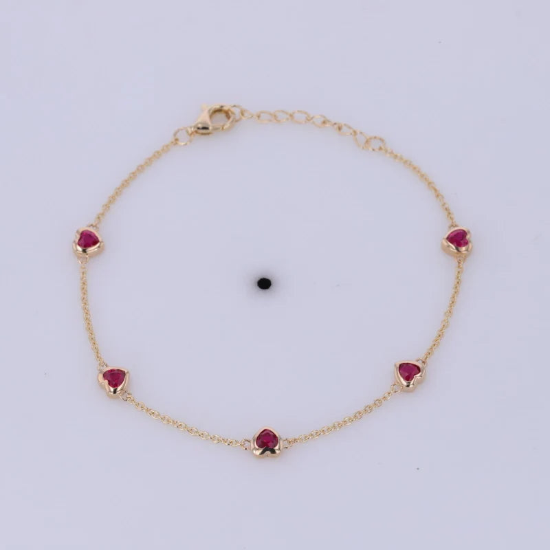 Elegant Women Jewelry 14k Gold 3*3mm Heart Shape Bezel Setting  Lab Grown Blood Red Ruby Link Bracelet