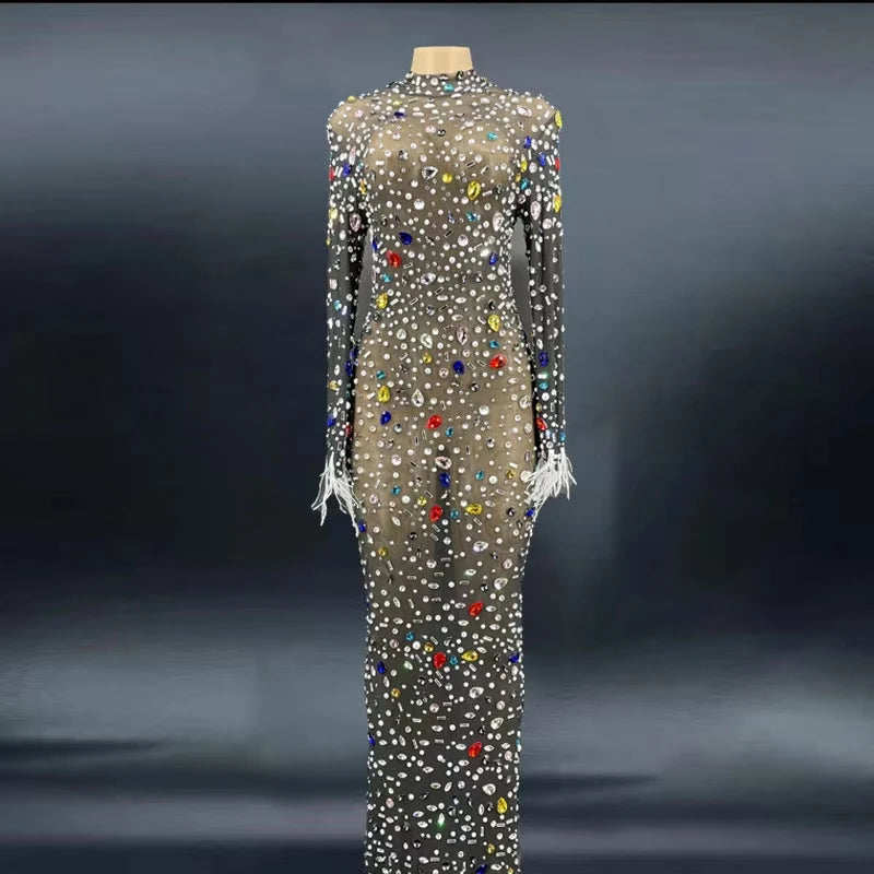 Luxury See Through Rhinestone Feather Ropa De Mujer Vestidos Longos Prom Evening Dresses European Wedding Dress Maxi Dresses
