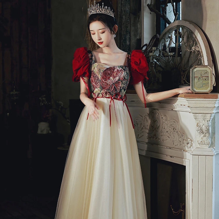 New Women Party Bubble Sleeve Red and White Elegant Evening Prom Dresses