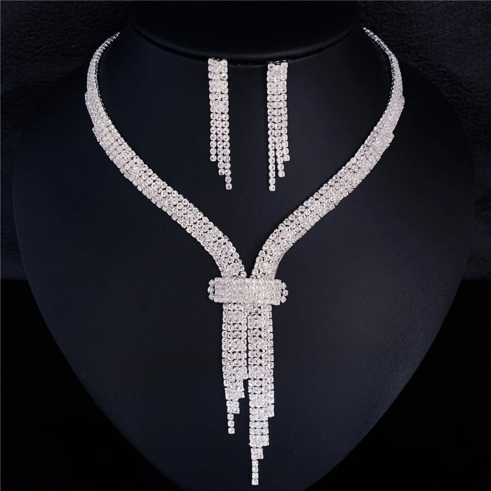 2024 New Shiny Silver Copper Rhinestone Crystal Set Jewelry Bridal Wedding Jewelry Set Tassel Earrings Necklace