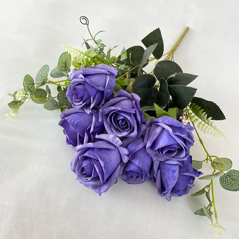 Multicolor- Purple Blue  Flores Artificiales 10 Branch Money Leaf Paris Rose for Wedding Decoration