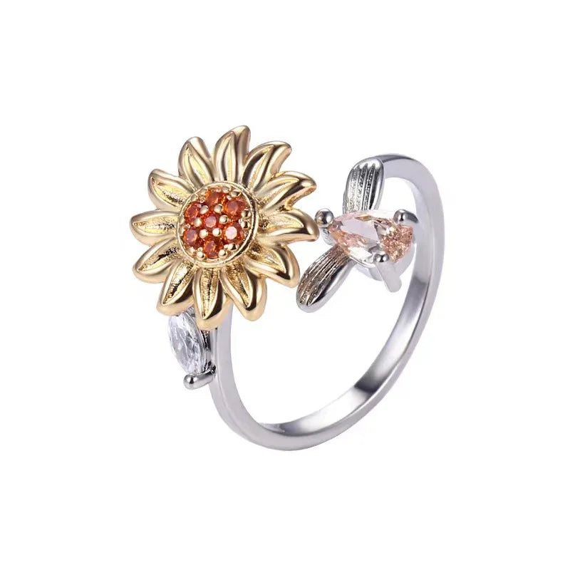 Hot Sale Trendy Sunflower Spinner Ring Open Adjustable Fidget Rings Fidget Anxiety Ring for Women