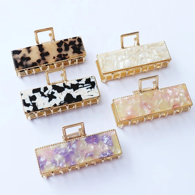 9cm Korean Elegant Luxury Acetic Acid Jaw square Marble Acetate Gold Hair Clamps Rectangle Metal Hair Claw Clip for Women