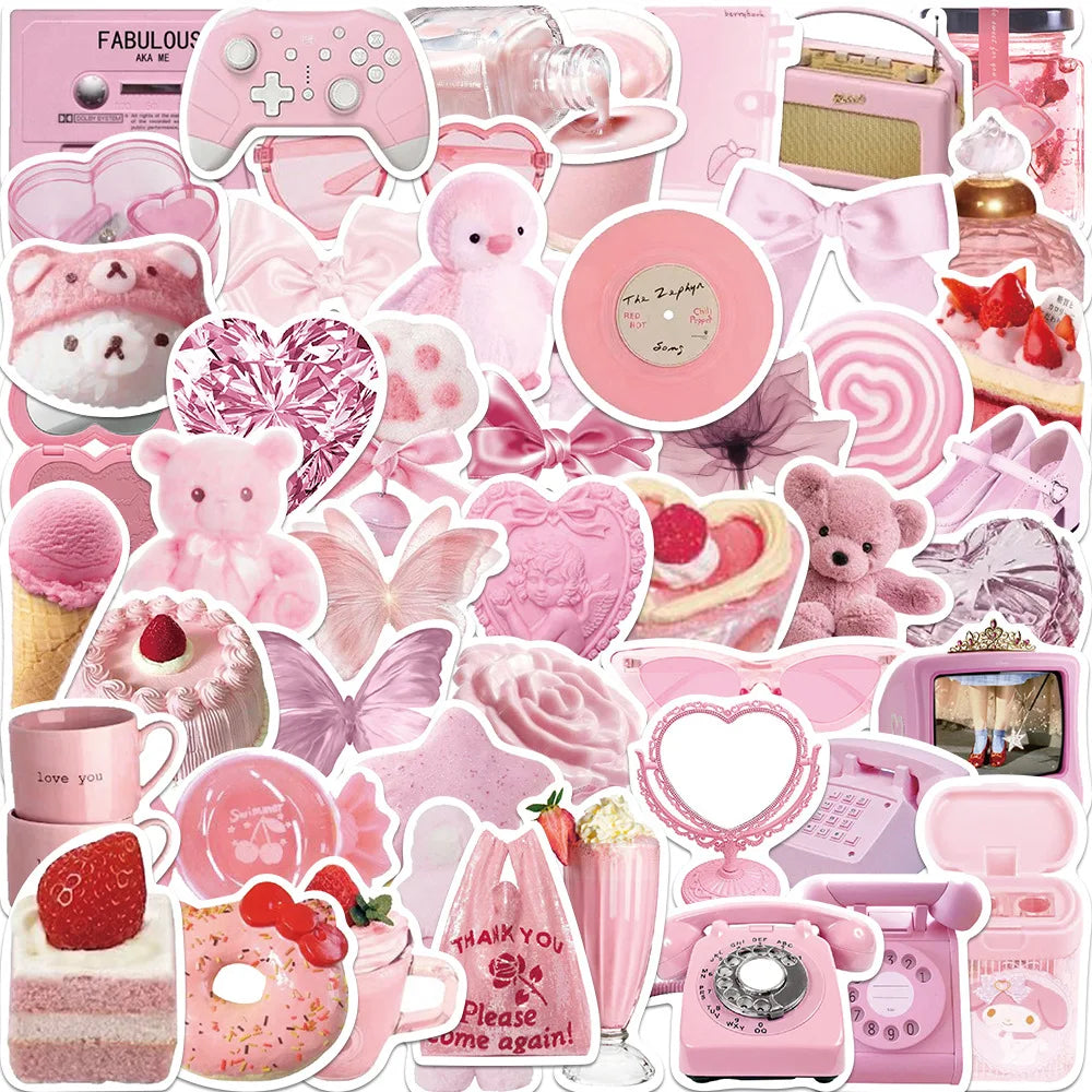 50Pcs New Pink Girl Candy Bear Decorative Stickers for Notebook Phone Scrapbook Waterproof Kawaii Vintage Sticker