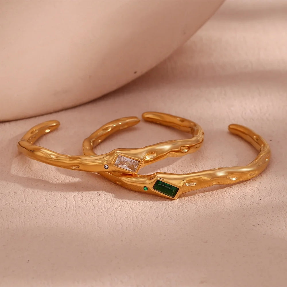 Irregular Square Zircon Cuff Bangle Gold Plated Waterproof Stainless Steel Jewelry Fashion Pulseras Y Brazaletes