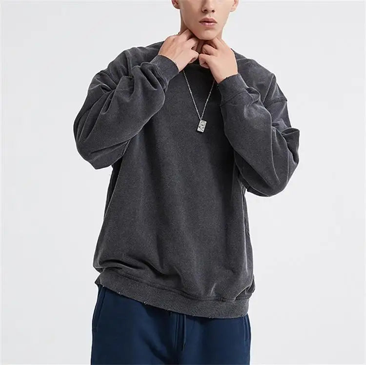 Blank 500gsm 100% Cotton Solid Black Vintage Crew Neck Wholesale Custom Logo Oversized Distressed Stone Acid Wash Sweatshirt