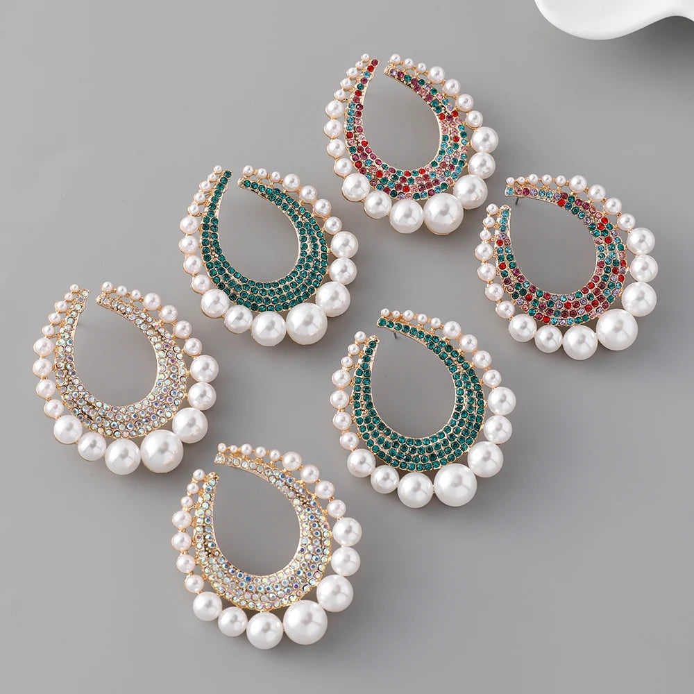 Exaggerated Gold Plated Pearl Drop Earrings Statement Colorful Rhinestone Fresh Water Pearl Dangle Earrings