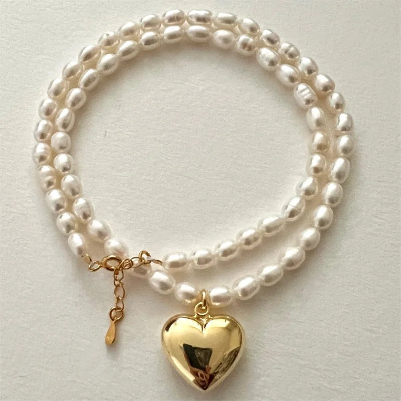 Chunky Design 925 Sterling Silver Freshwater Pearl Bead Chain with Heart Necklace