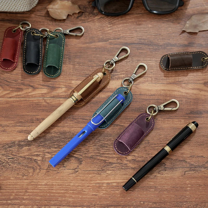 Crazy Horse Genuine Leather Single Pen Holder Clip Real Leather Pen Clip Key Chain Doctor's Signature Pen Cap Cases
