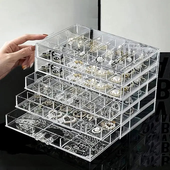 Acrylic Jewelry Organizer 5-Drawer Transparent Storage Case Earring Box & Compartment Display Rack Gift Women Girls (102 Grids)
