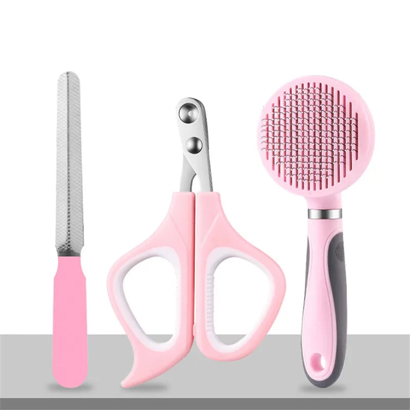 Cat Comb Scissors Set Pet Hair Remover Brush Self Cleaning Needle Comb Cat Hair Removal Brushes Nail Clippers
