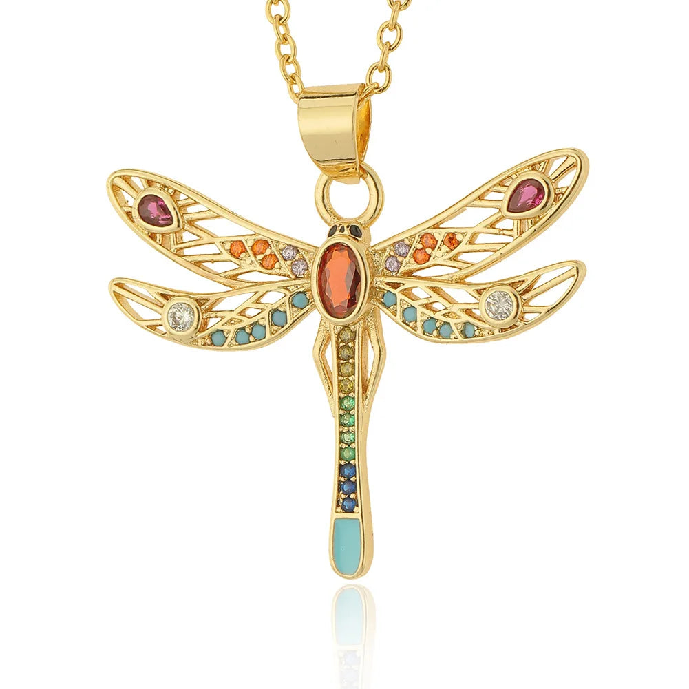 Handmade Collar Link Chain Necklace Colored Zircon Animal Dragonfly Pendant Necklace for Women