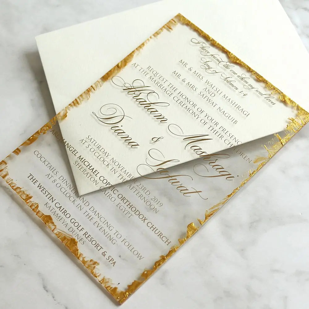 Acrylic Gorgeous Design Transparent Acrylic Wedding Invitation Cards 1 Colors Printed With Gold Edge