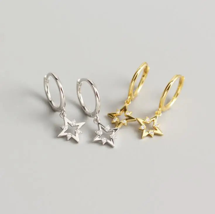 Wholesale Jietao Sterling Silver Earrings Jewelry Diamond Star Pendant Dangle Tiny Huggies Hoop Earrings With Star