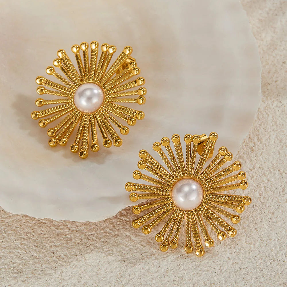 Ouj Fashion Non Tarnish Designer Handmade 18K Gold Plated Stainless Steel Imitate Pearl Flower Stud Earrings for Women