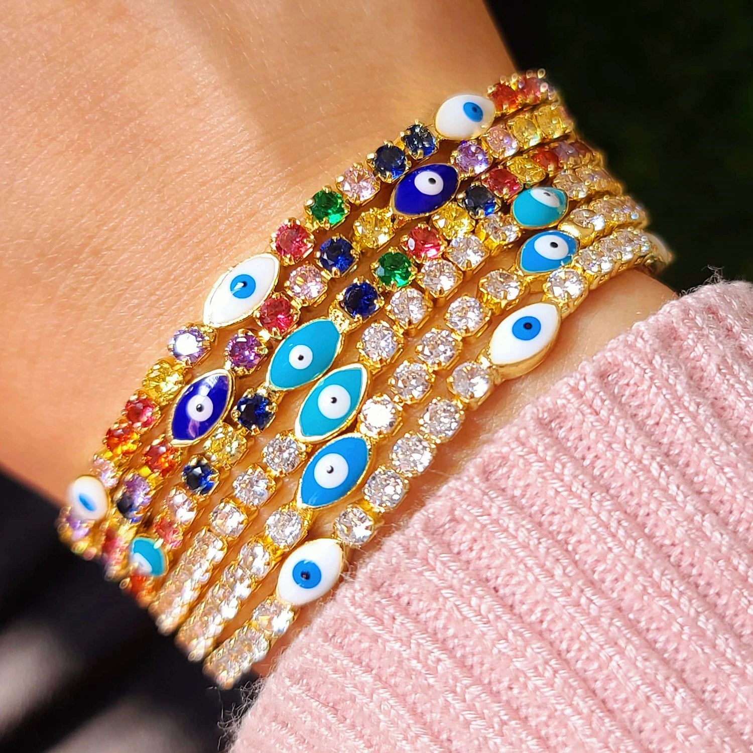 2022 Trendy Dainty Minimalist Enamel Blue Red Tennis Bracelets for Women Turkish Evil Eye Cubic Zirconia Fashionable Tennis