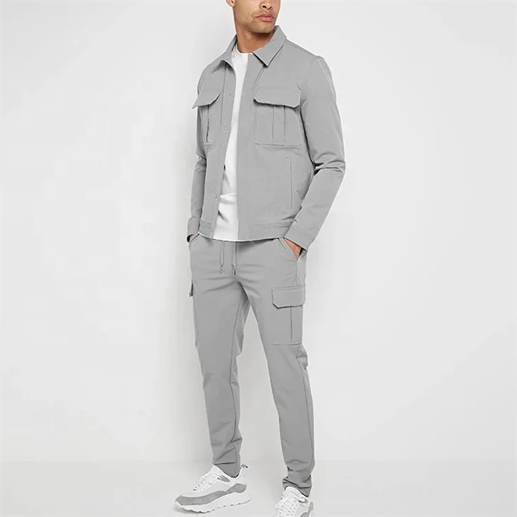 Custom Logo Fashion Men Sweat Suits Two Piece Set Slim-Fit Nylon Tracksuit Cargo Jacket and Pants Set