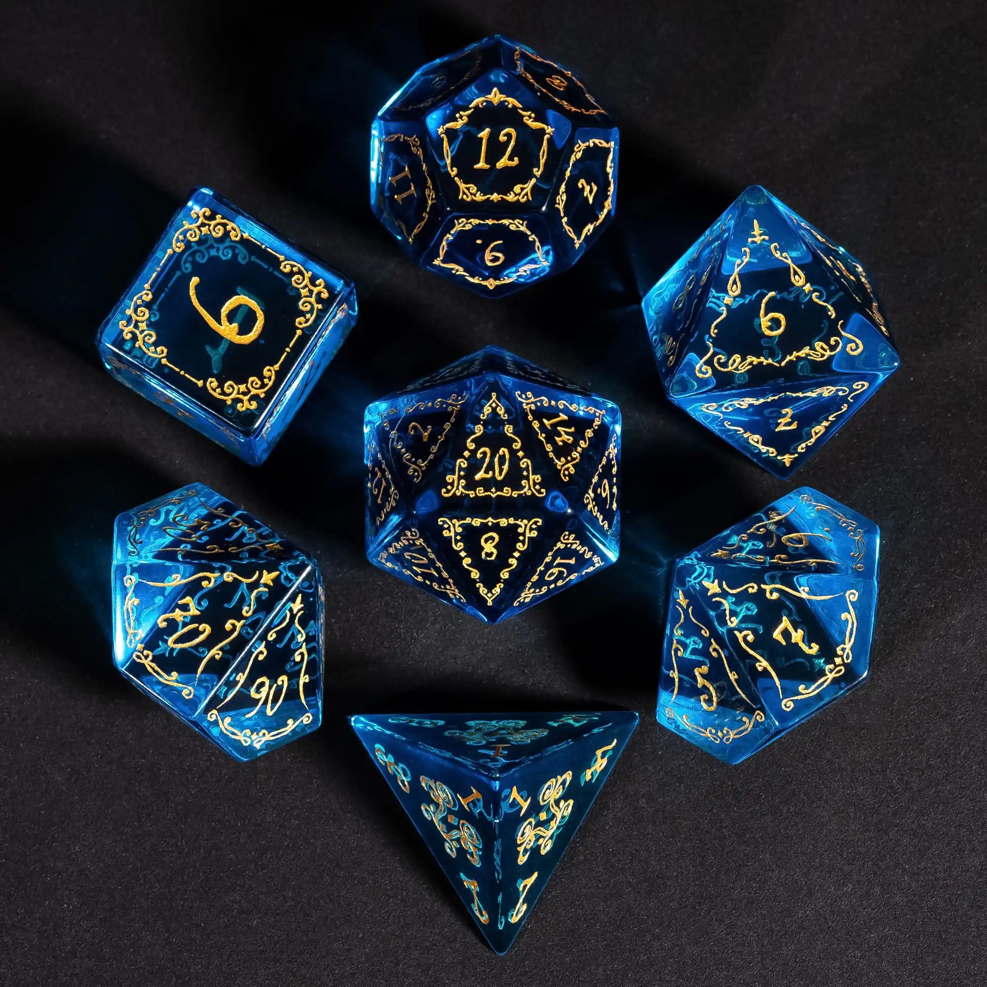 Blue Glass Polyhedral Sprout Seven-Piece Dice Set