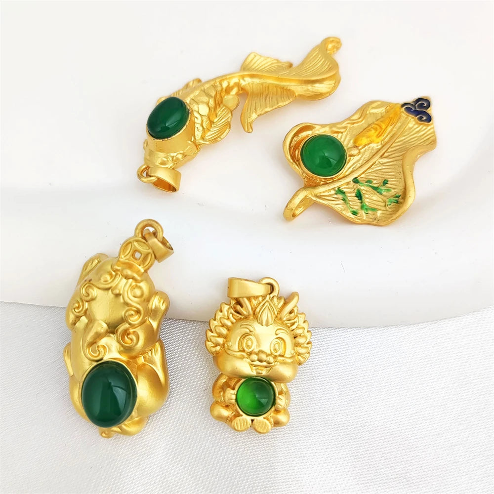 Natural Stone Buddha Charm Fan Shape Gold Plated Gemstone Chrysoprase Pendant Fish Pixiu Dragon with Green Chalcedony Pendants