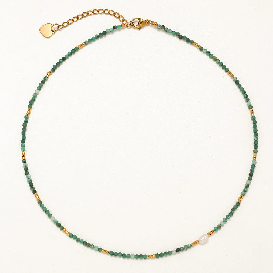 Summer Beach Natural Stones Slim Green Beads Beaded Choker Necklace with Freshwater Pearl Charm