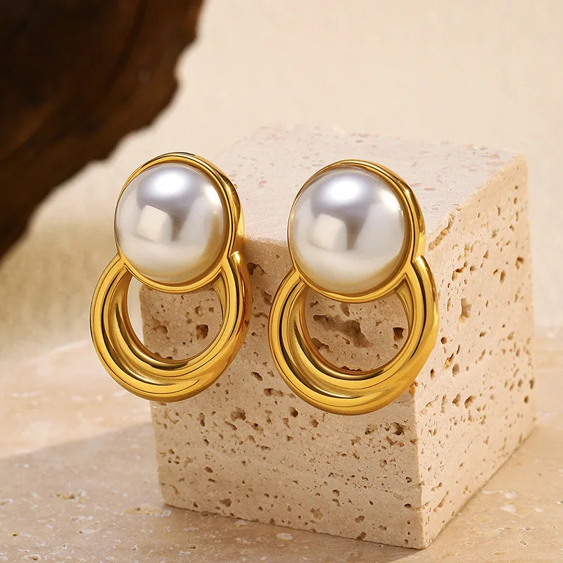 Luxury Quality Jewelry Waterproof 18K Gold Plated Stainless Steel Classic Circle Pearl Gold Hoop Earrings for Women