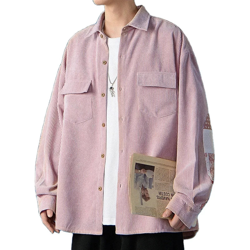 Casual Long Sleeve Collar Button Front Print Flower  Collared Cord Corduroy Shirt for Men
