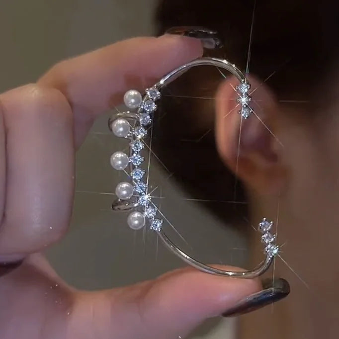 Silver Plated Metal Pearl Crystal Clip Earrings for Women Ear Clips Without Piercing Sparkling Zircon Ear Cuff Fashion Jewelry