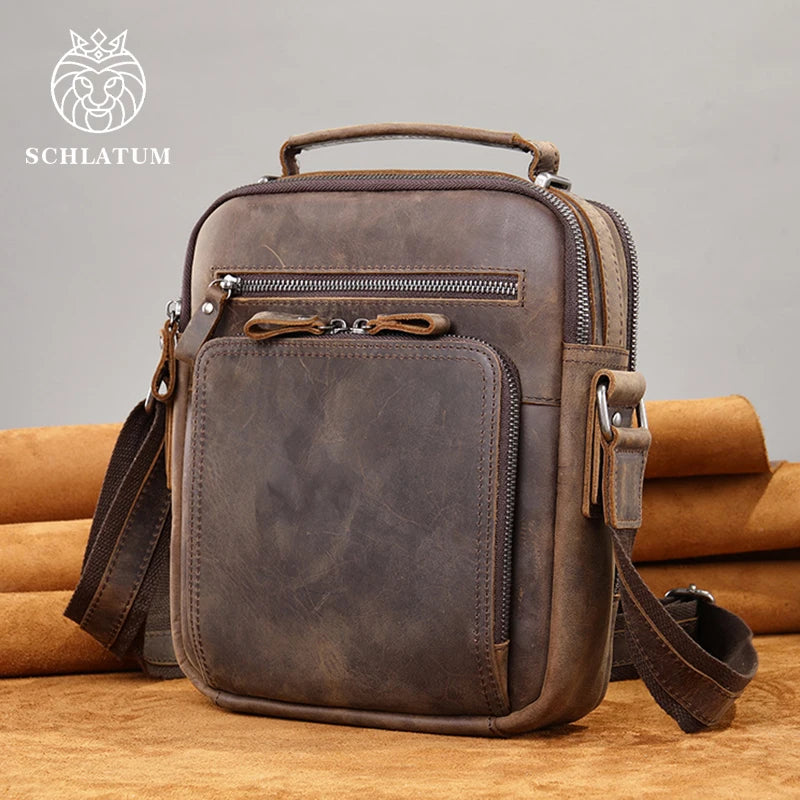 SCHLATUM Custom Men's Crossbody Single Satchel Shoulder Messenger Bag Fashion Crazy Horse Genuine Leather Vintage