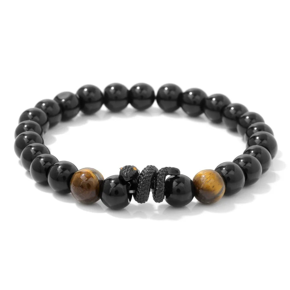 Wholesale 2025 Men Fashion Cool Black Stone Tiger Eye Natural Stone Bead Black Snake Bracelet for Men
