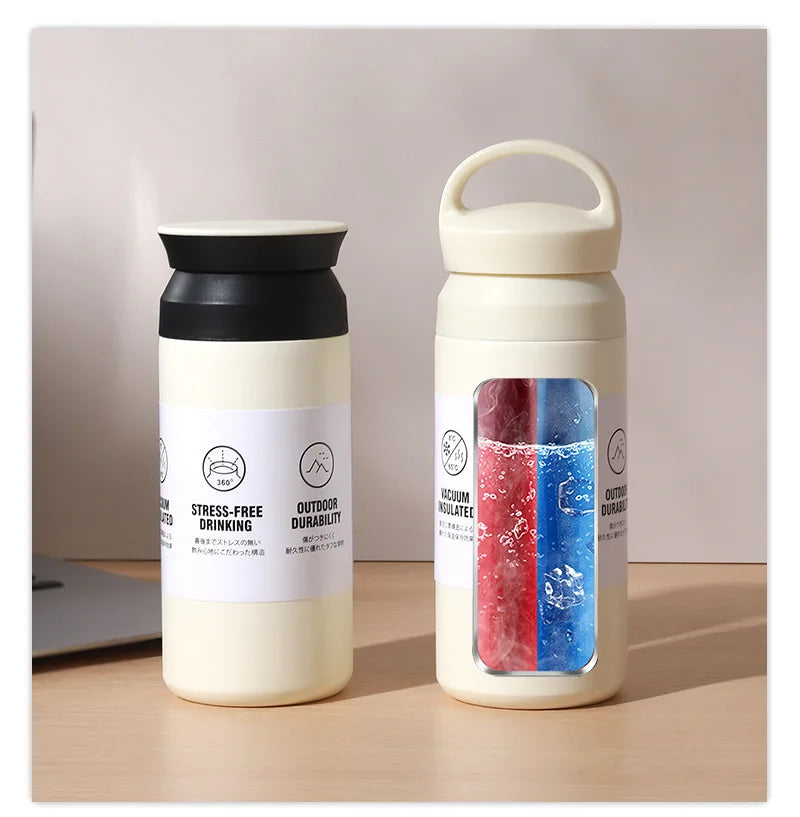 Japanese Style Double-layer 350ml Powder Coated Stainless Steel Insulated Cup Car Coffee Cup Gift Portable Handle Water Bottle