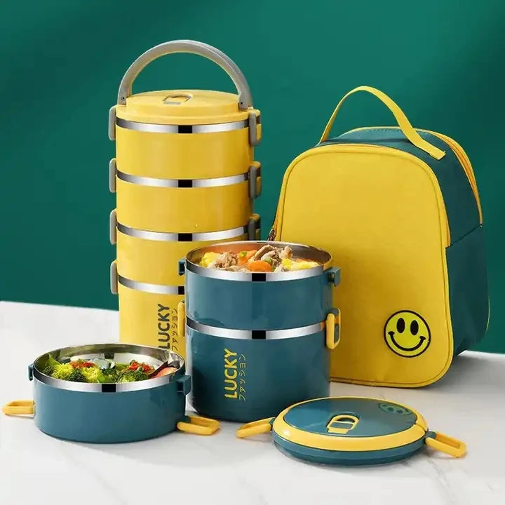 Stainless Steel Insulation Wholesale Eco Friendly Double Layer Round Bento Box Lunch Box With Handle