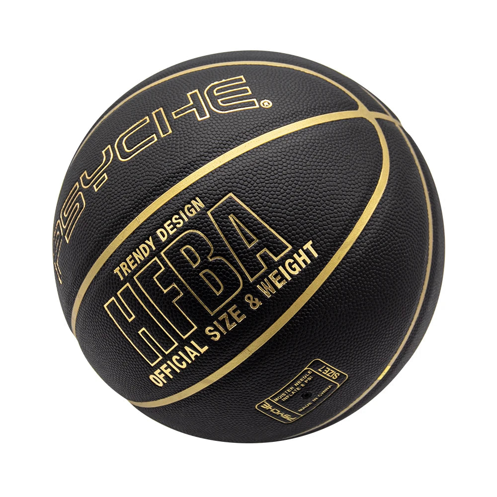 Psyche Custom Logo Black PU Leather Gold Channel Basketball Size 7 for Indoor and Outdoor Training