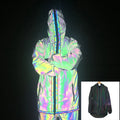 Hi Vis High Bright Visibility Iridescent Reflective Holographic Colorful Men's Hooded Long Jacket Windbreaker with Two Zippers