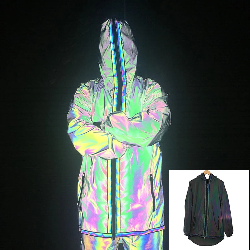 Hi Vis High Bright Visibility Iridescent Reflective Holographic Colorful Men's Hooded Long Jacket Windbreaker with Two Zippers