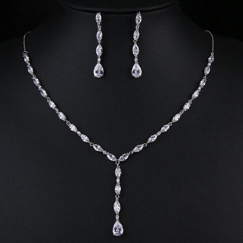 LUOXIN Simple Style Bridal Zircon Jewelry Set Adjustable Necklace Water Drop Earrings Jewelry Set for Women