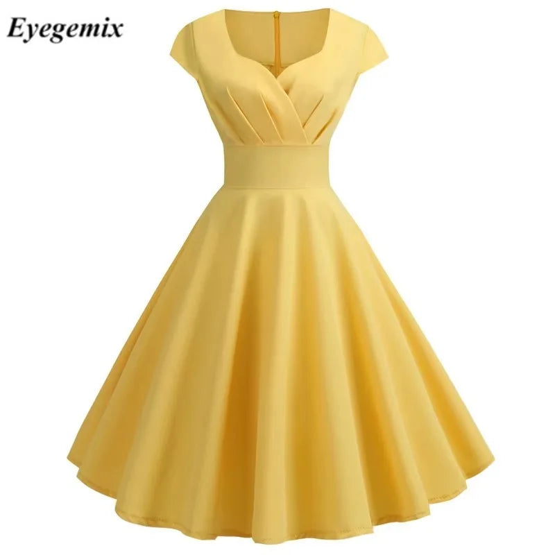Women Summer Dress Solid Color Retro 50s 60s Vintage Casual Party Office Robe Rockabilly Dresses Vestidos