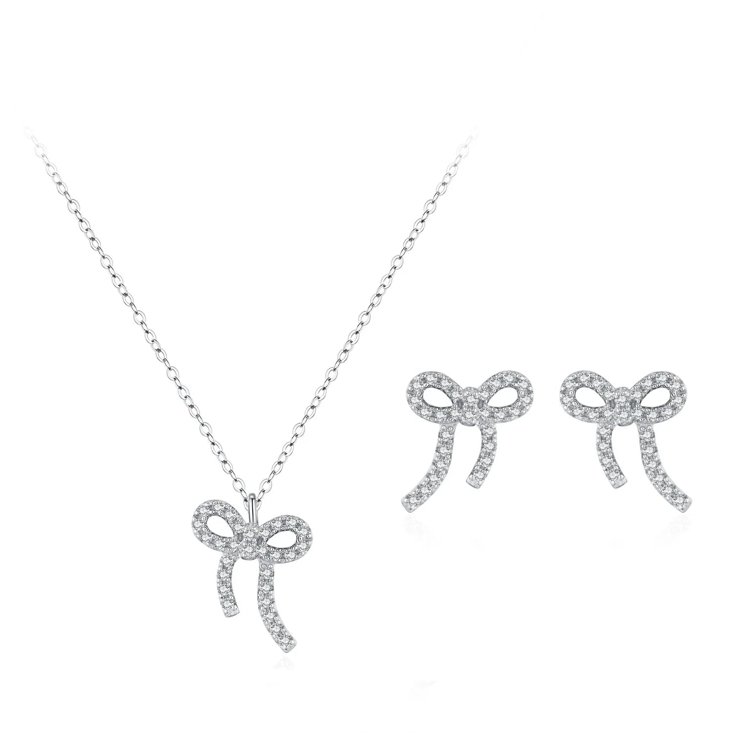Sweet and Cute Bow Necklace Earrings 2-piece Set 925 Sterling Silver Bowknot Jewelry Set for Women's Fine Jewelry Gifts