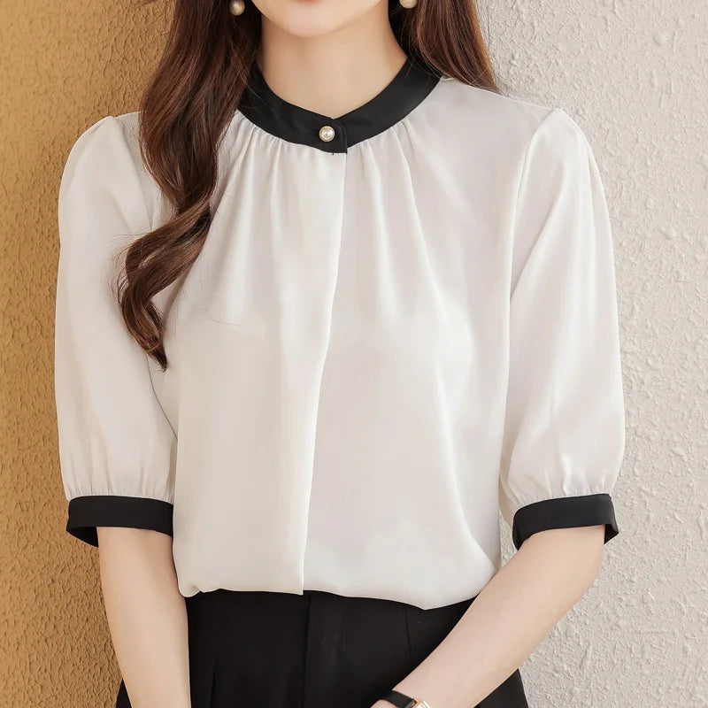 Korean Fashion Patchwork O-Neck White Pullovers Blouses Summer Casual Women's Clothing Lantern Sleeve Loose All-match Shirt