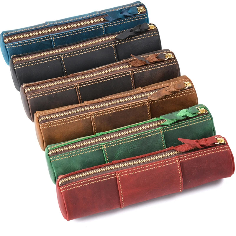 Custom Stamping Logo Handmade Durable Promotional Travel Zipper Real Leather Customized Color 20.5x5.2cm Makeup Bag Cosmetic