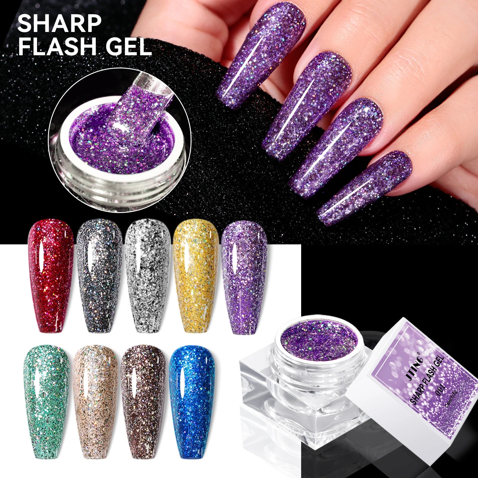 JTING High Pigment Vegan 9 Colors sharp Flash Glitter Gel Polish Uv Led Nail Gel with 5ml Unique Jars OEM Private logo Design
