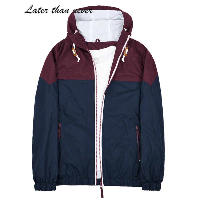 Custom Manufacturer Hooded Patchwork Windbreaker Long Sleeve Light Autumn Jacket Casual Outdoor Trench with Full Zip